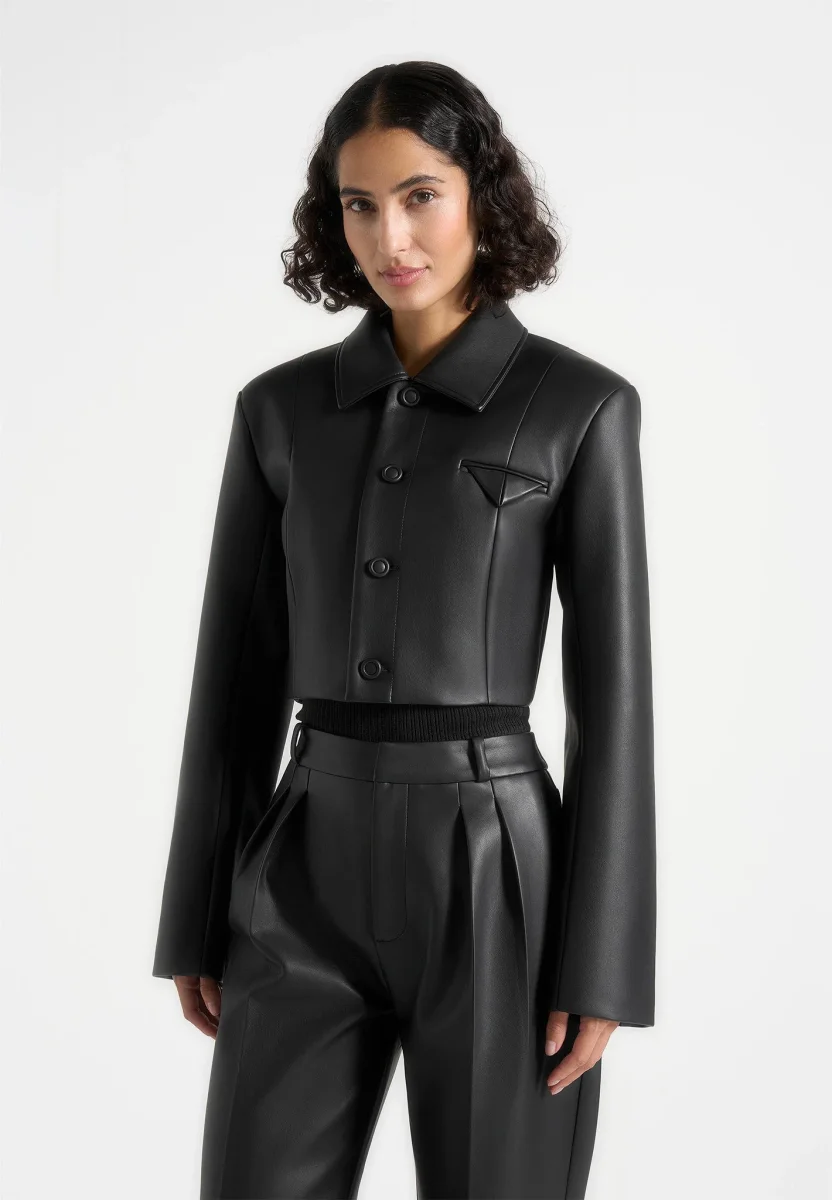 Ania - Wide Shoulder Leather Jacket - Black