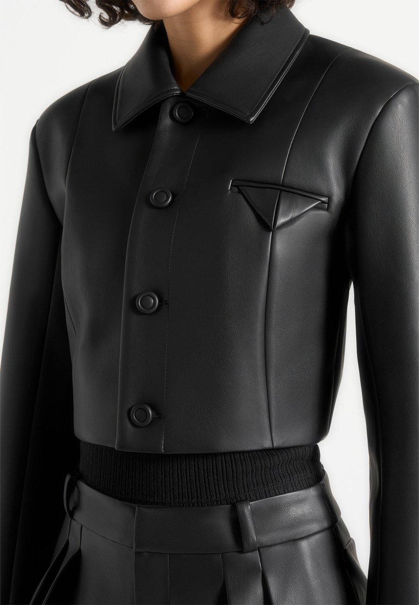 Ania - Wide Shoulder Leather Jacket - Black - Image 5