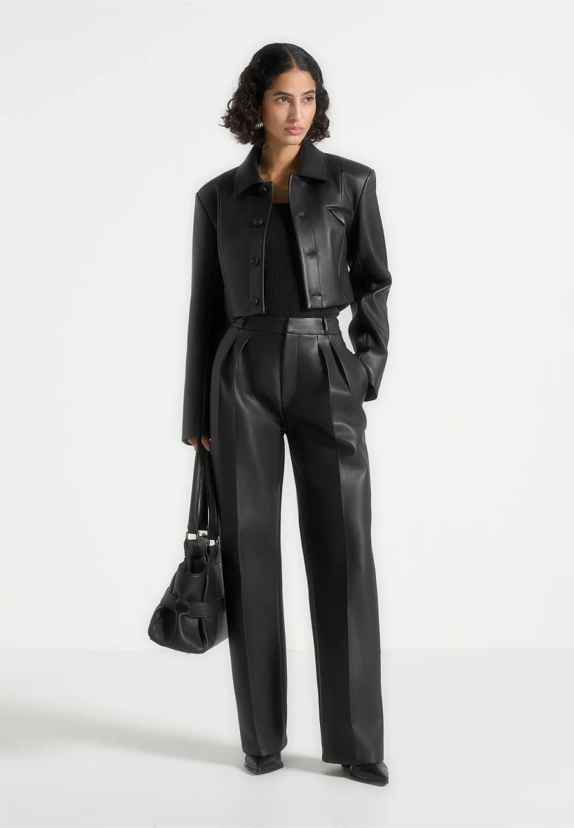 Ania - Wide Shoulder Leather Jacket - Black - Image 3