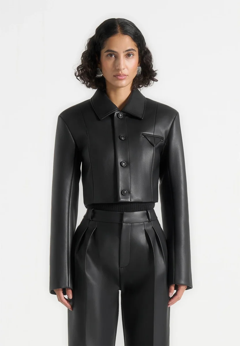 Ania - Wide Shoulder Leather Jacket - Black - Image 4