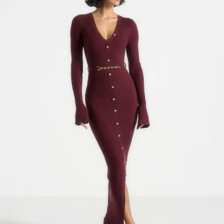 Assia - Long Sleeve Knitted Maxi Dress With Belt - Wine Red