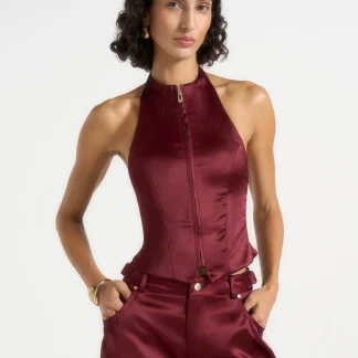 Claudette - Satin Halterneck Backless Top - Wine Red