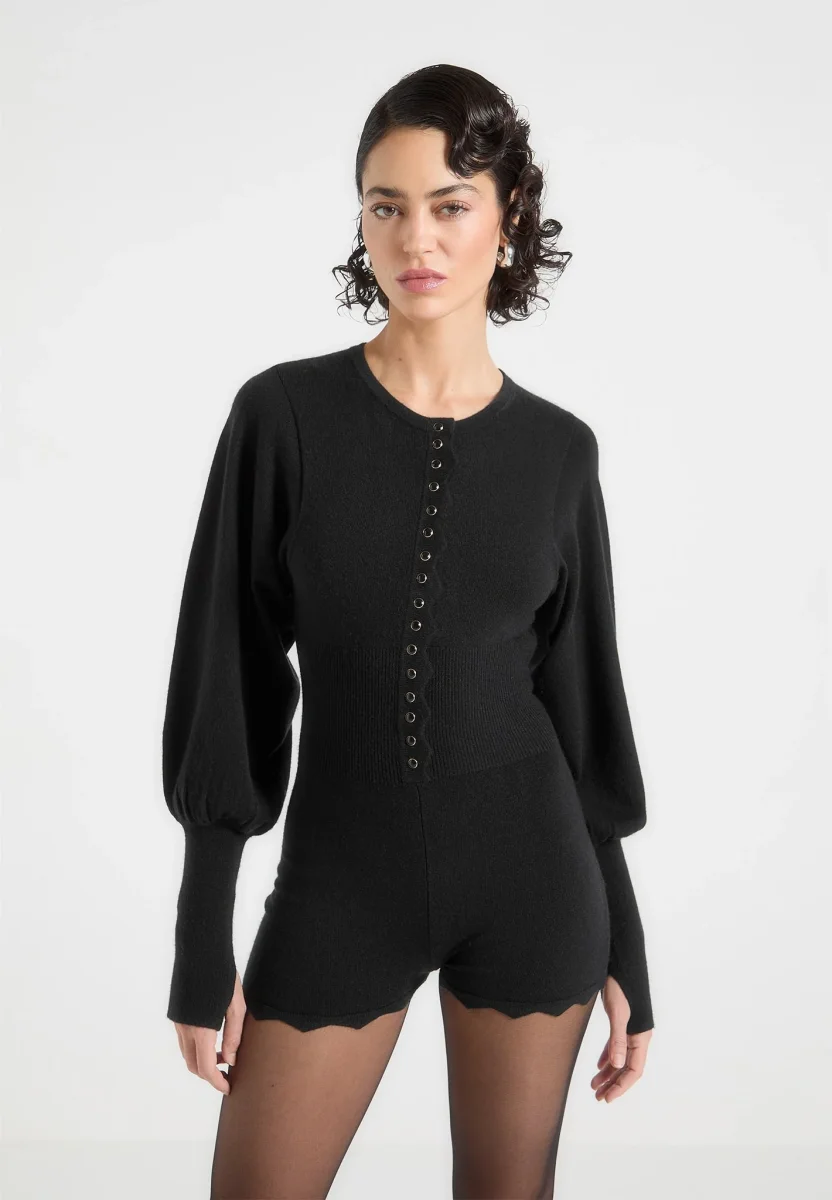 Michele - Knitted Scallop Hem Playsuit - Black - Image 3