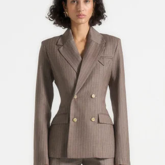 Maia - Pinstripe Double Breasted Blazer - Taupe