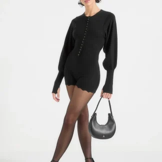 Michele - Knitted Scallop Hem Playsuit - Black