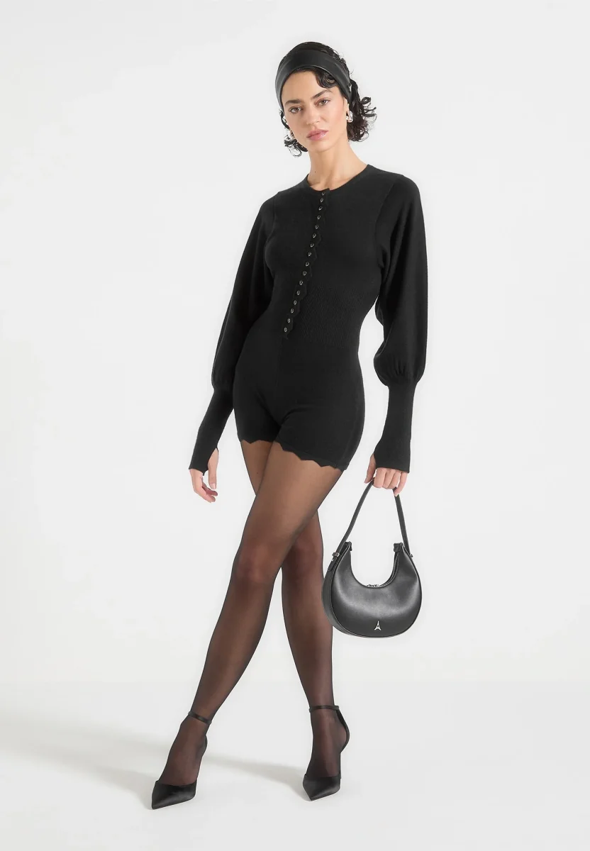 Michele - Knitted Scallop Hem Playsuit - Black