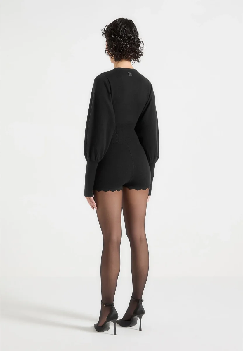 Michele - Knitted Scallop Hem Playsuit - Black - Image 6
