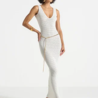 Myriam - Pointelle Plunge Maxi Dress With Chain - Cream