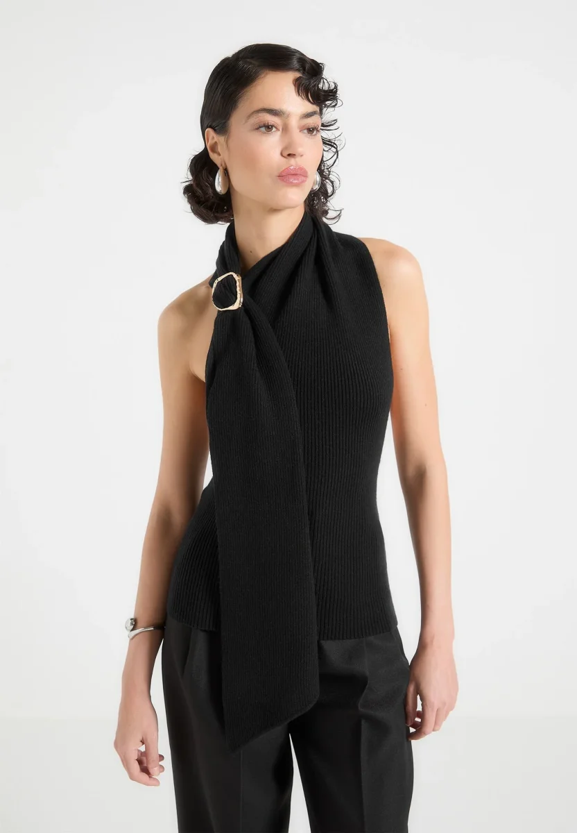 Elodie - Knitted Draped Halterneck Top - Black - Image 2