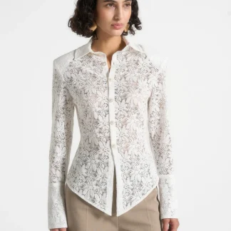 Sila -  Wide Shoulder Lace Angled Shirt - White
