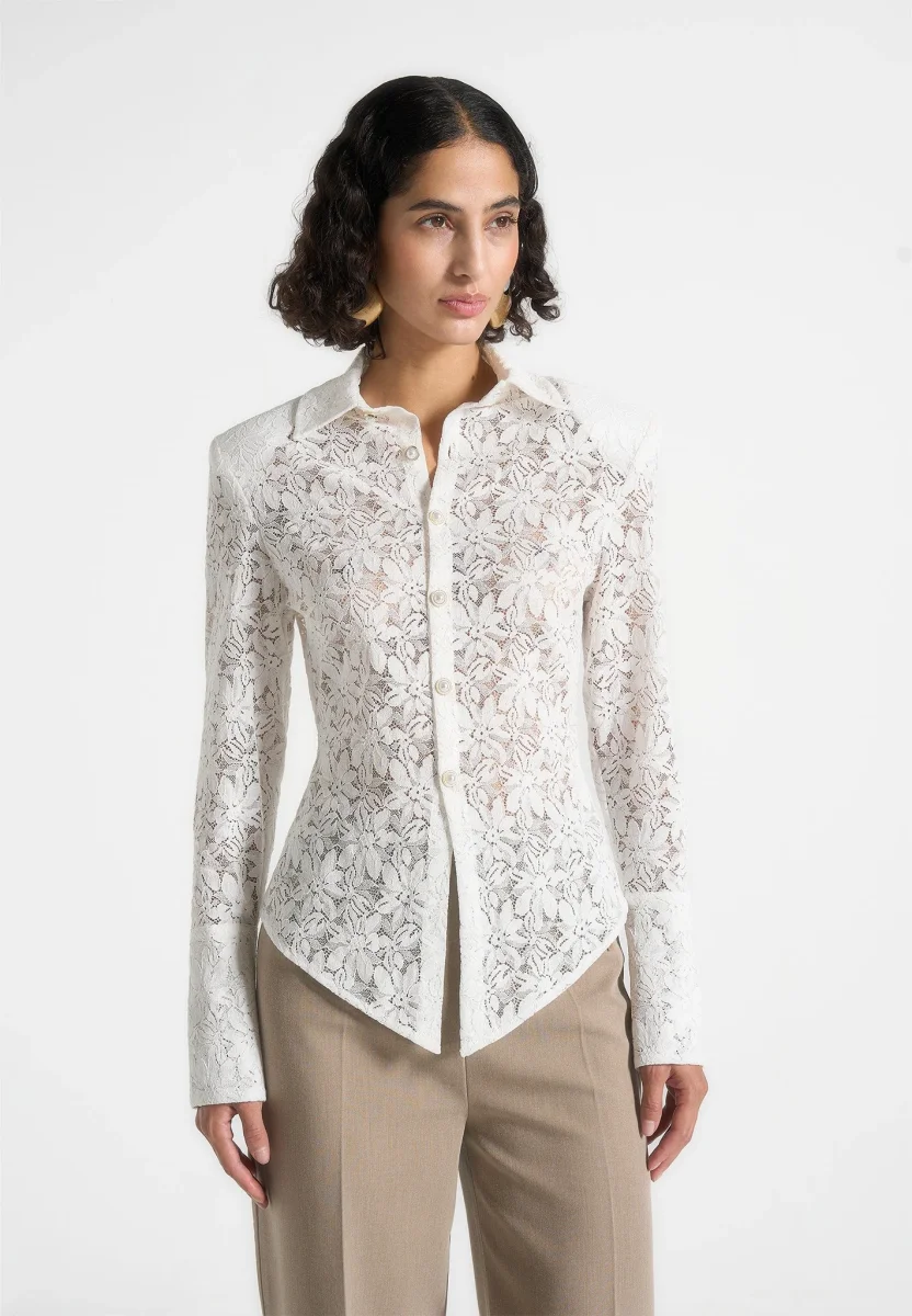 Sila - Wide Shoulder Lace Angled Shirt - White - Image 2