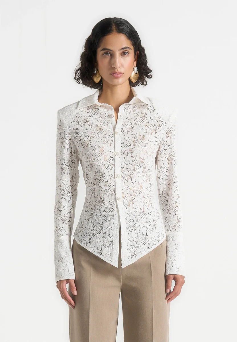 Sila - Wide Shoulder Lace Angled Shirt - White - Image 5