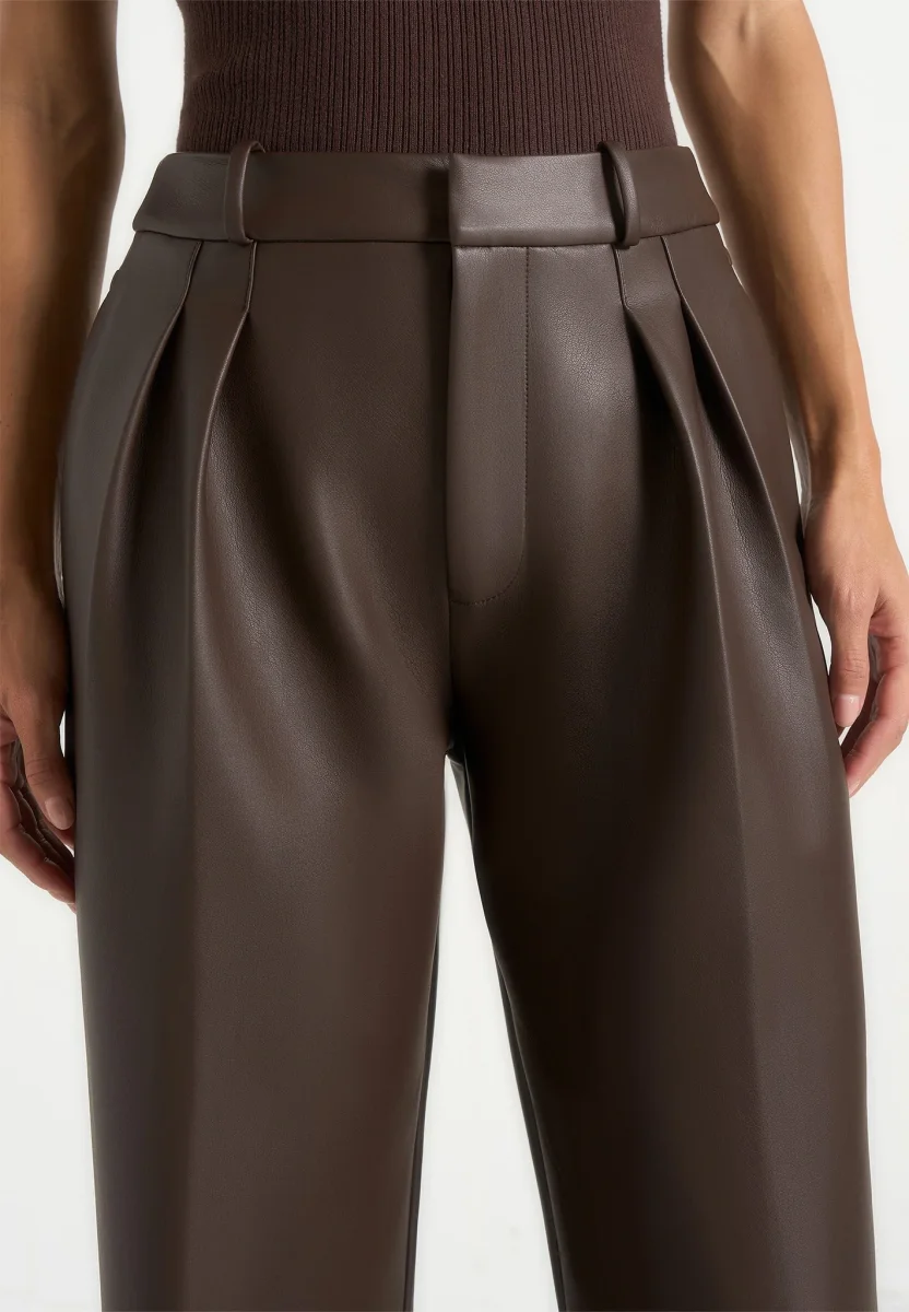 Julie - Leather Twin Pleat Pants - Brown - Image 5