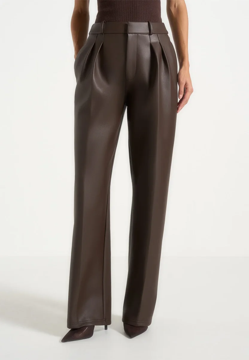 Julie - Leather Twin Pleat Pants - Brown - Image 2