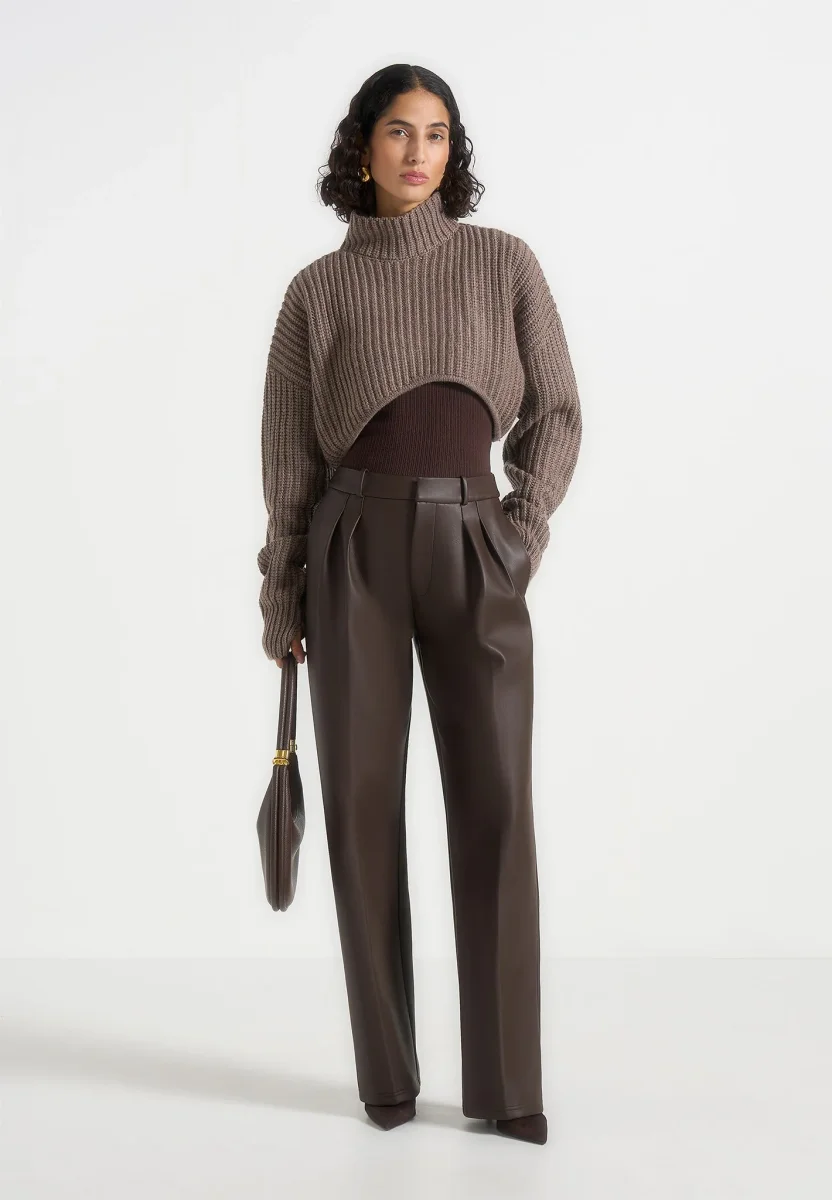 Julie - Leather Twin Pleat Pants - Brown - Image 3