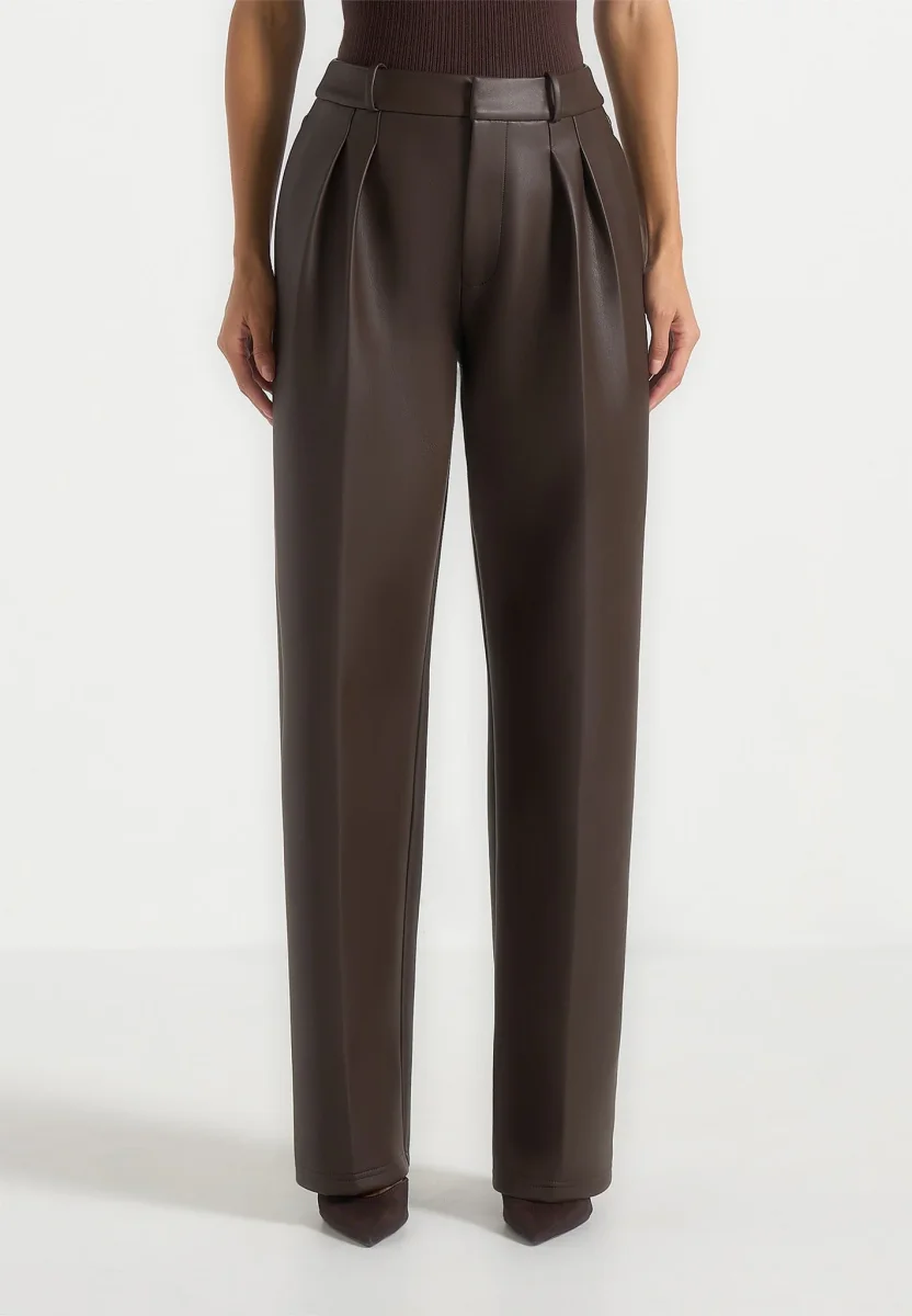 Julie - Leather Twin Pleat Pants - Brown - Image 4