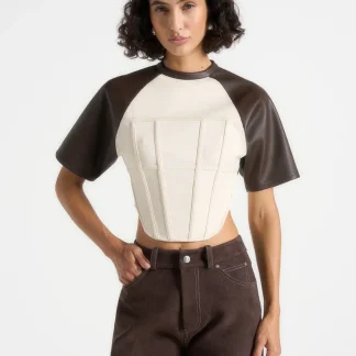 Juline - Leather Corset T-Shirt - Cream/Brown