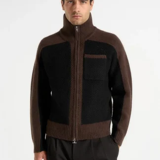 Rene - Colour Block Zip Through Cardigan - Black/Brown