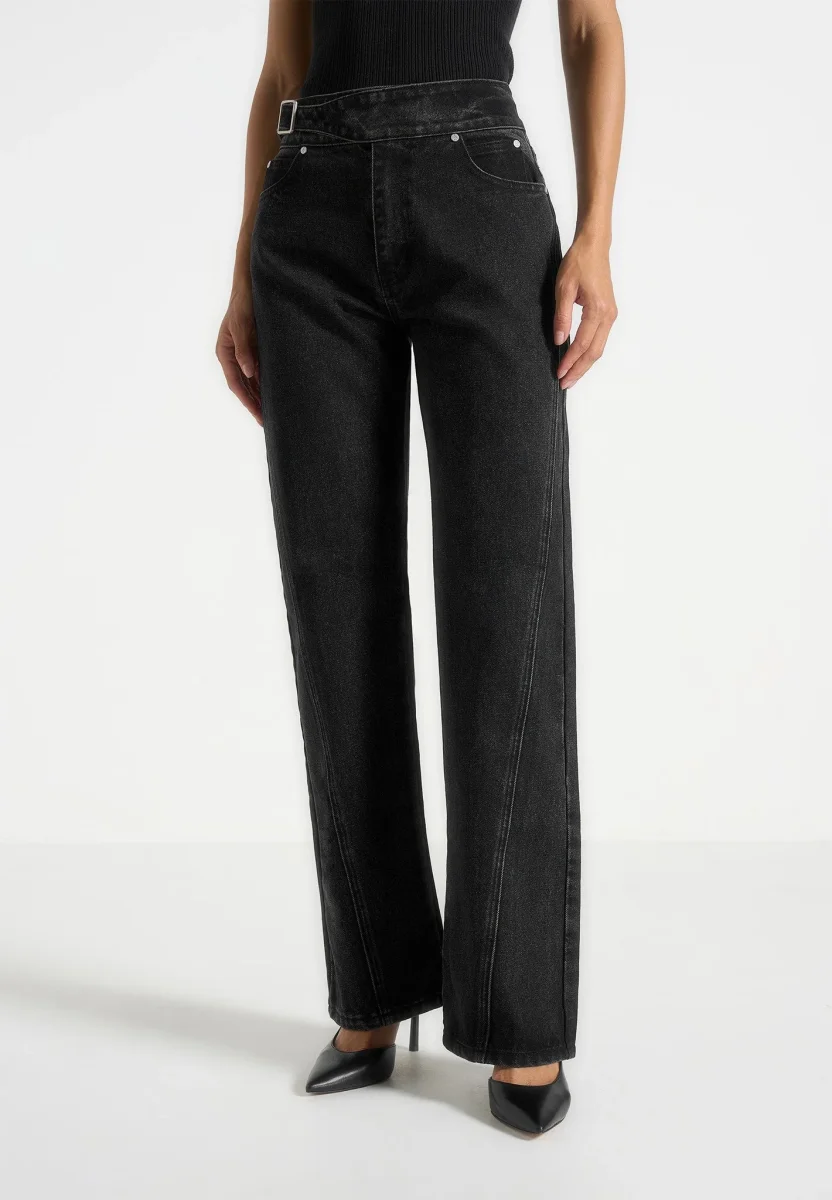 Loane - Twist Leg Boyfriend Jeans With Waist Adjuster - Washed Black - Image 2