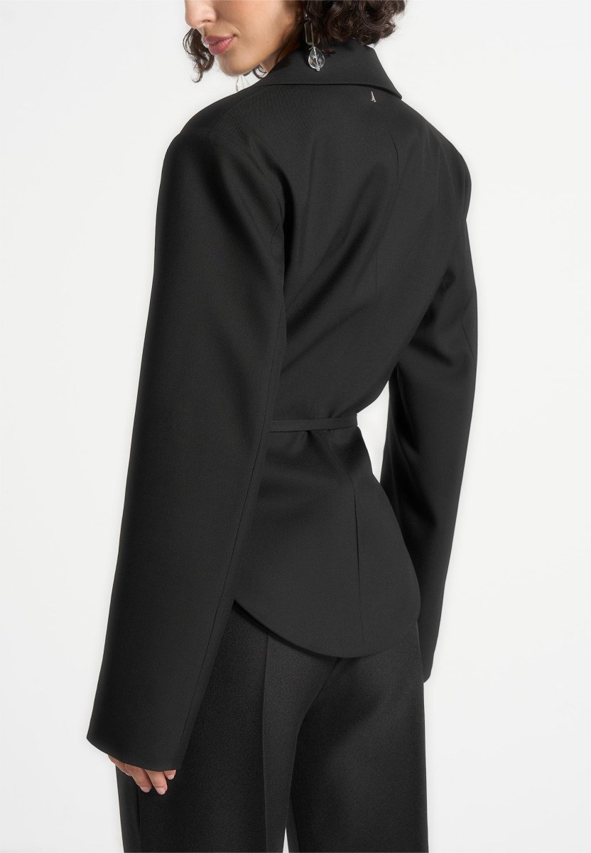 Yuna - Plunge Tailored Blazer With Belt - Black - Image 5