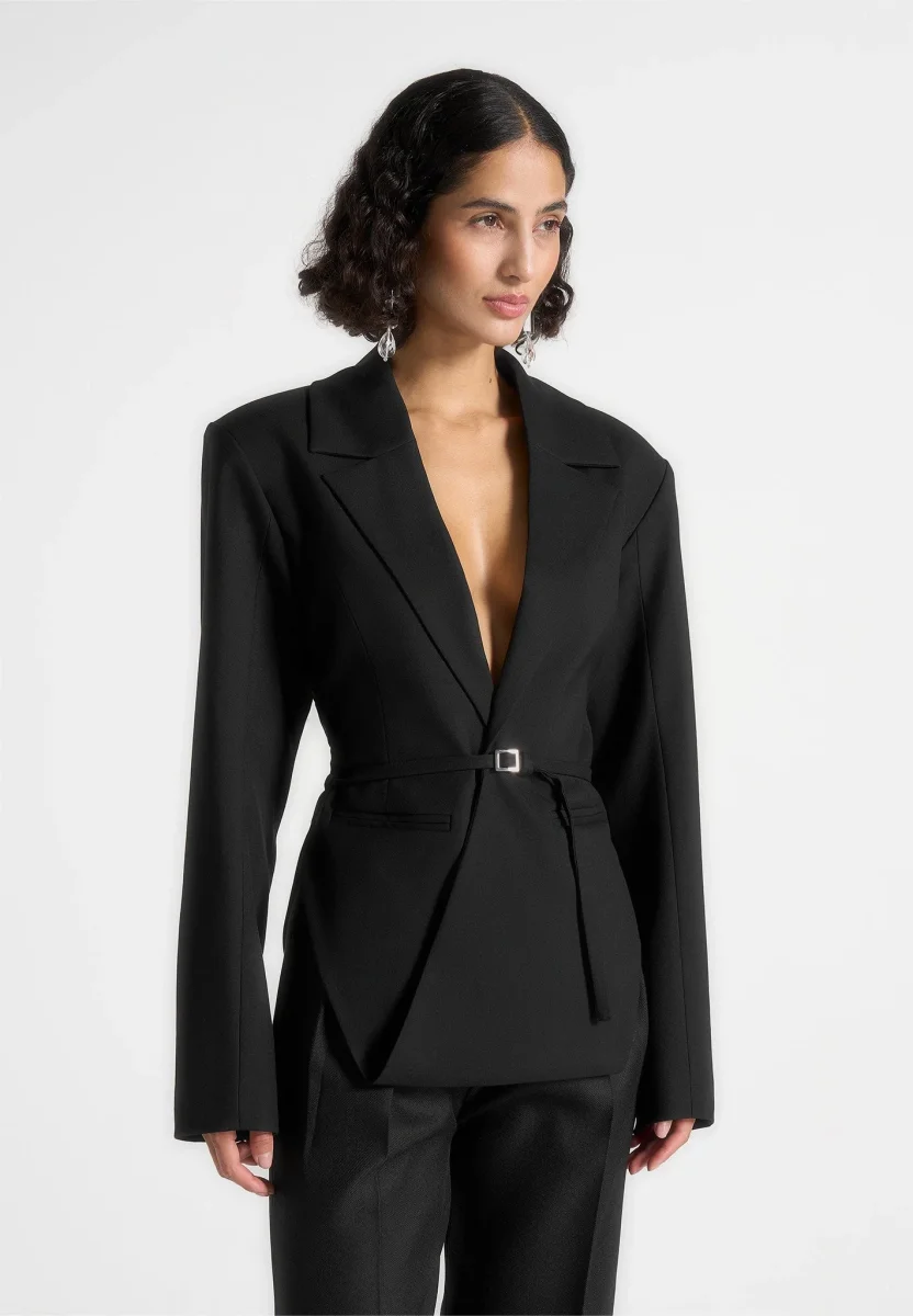Yuna - Plunge Tailored Blazer With Belt - Black - Image 2