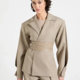 Marie - Twist Sleeve Tailored Blazer with Belt - Beige