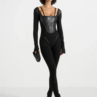 Leather and Bandage Corset Jumpsuit - Black