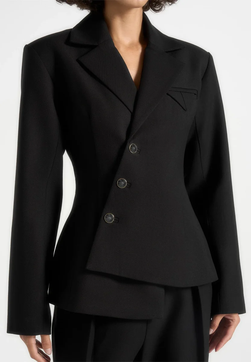 Thalia - Asymmetric Tailored Double Breasted Blazer - Black - Image 4