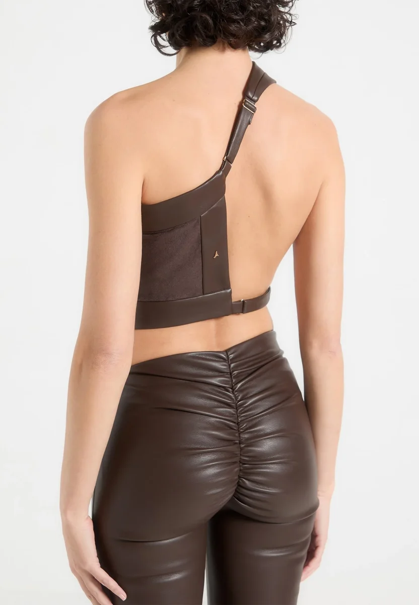 Suede & Leather Asymmetric Backless Top - Brown - Image 4