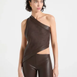 Suede & Leather Asymmetric Backless Top - Brown