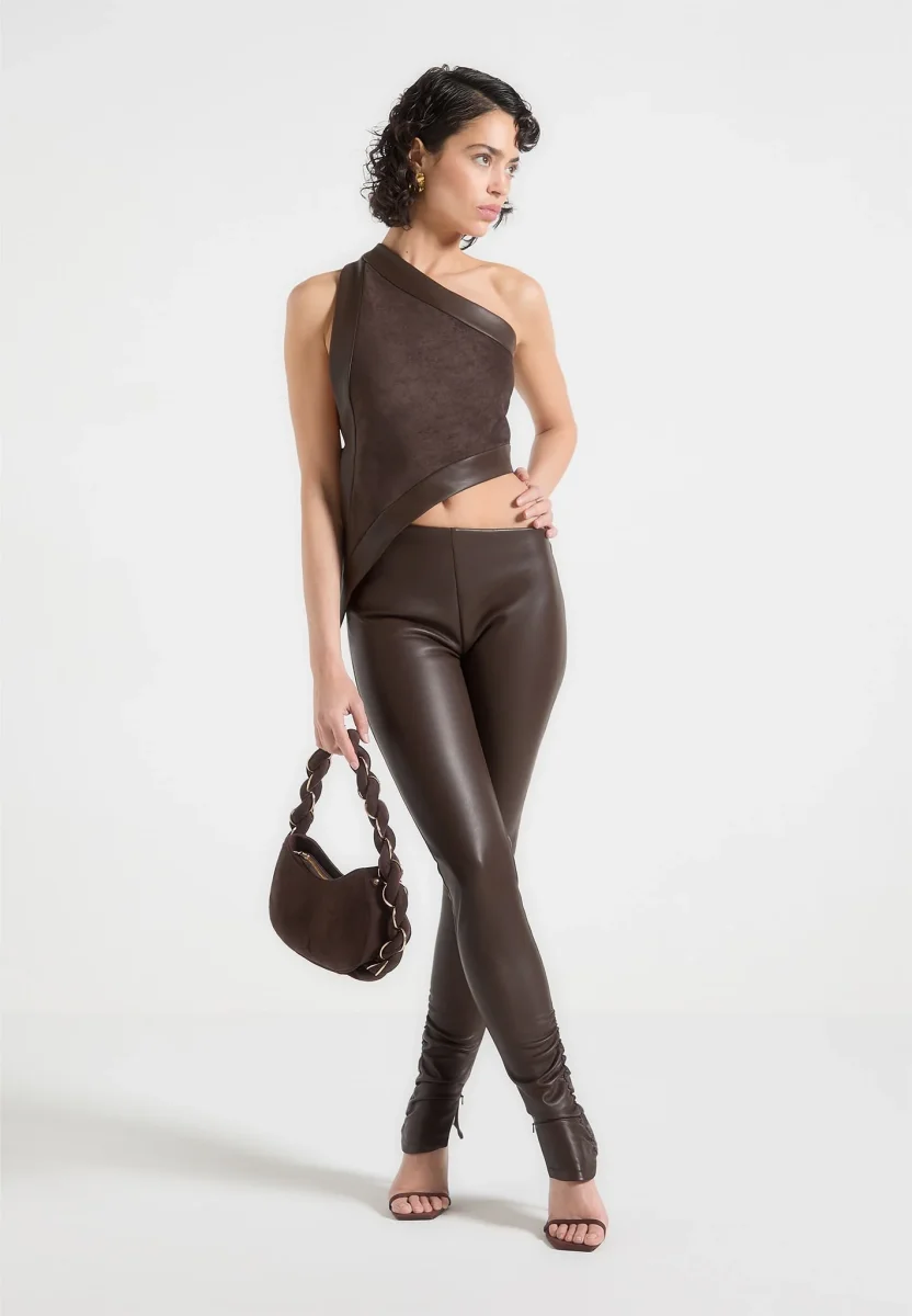 Suede & Leather Asymmetric Backless Top - Brown - Image 3