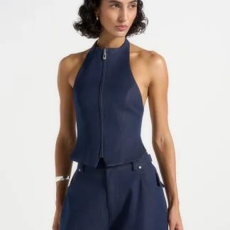 Claudette - Halterneck Backless Top - Indigo