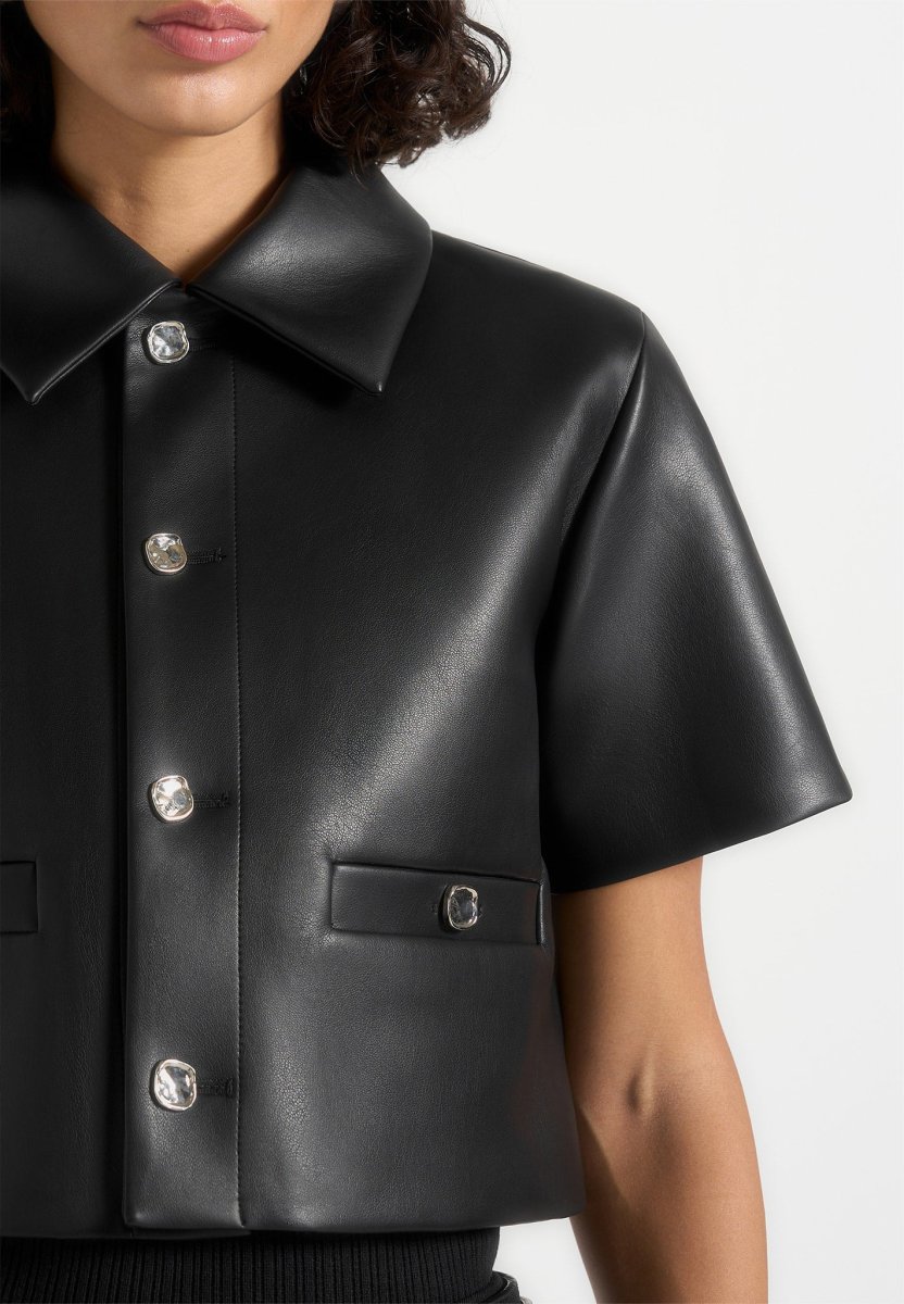 Dory - Leather Cropped Shirt - Black - Image 4