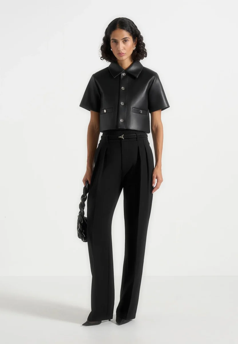 Dory - Leather Cropped Shirt - Black - Image 3