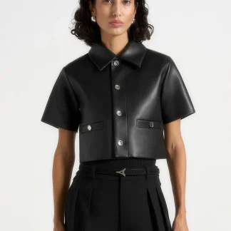 Dory - Leather Cropped Shirt - Black