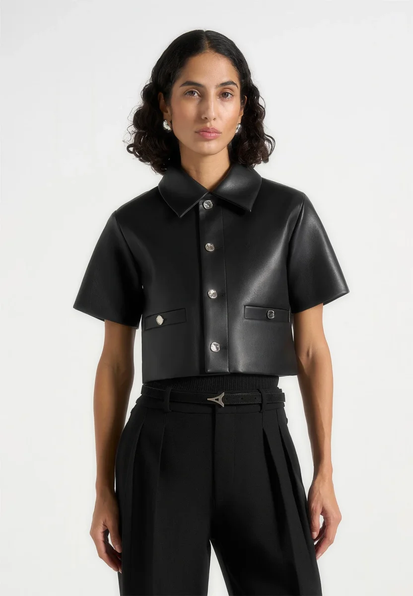 Dory - Leather Cropped Shirt - Black - Image 2