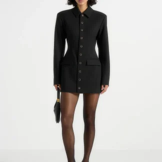 Amelie - Hourglass Button Up Blazer Dress - Black