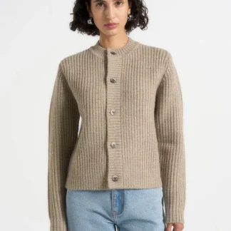 Alix - Unisex Crewneck Ribbed Knit Cardigan - Beige