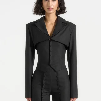 Lise - Cropped Tailored Blazer & Button Detail Bandeau - Black