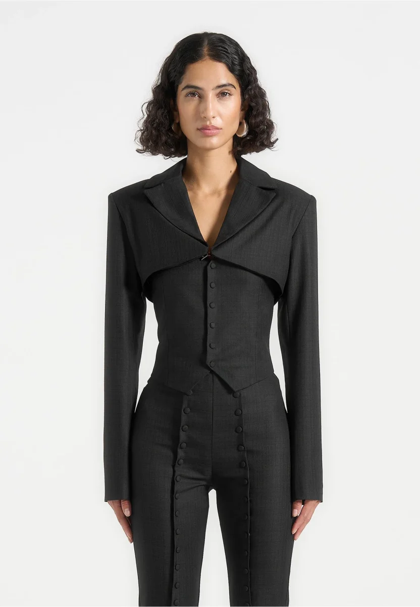 Lise - Cropped Tailored Blazer & Button Detail Bandeau - Black - Image 2