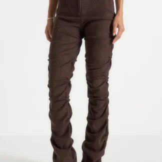 Caroline - Tacked Suede Fit & Flare Pants - Brown