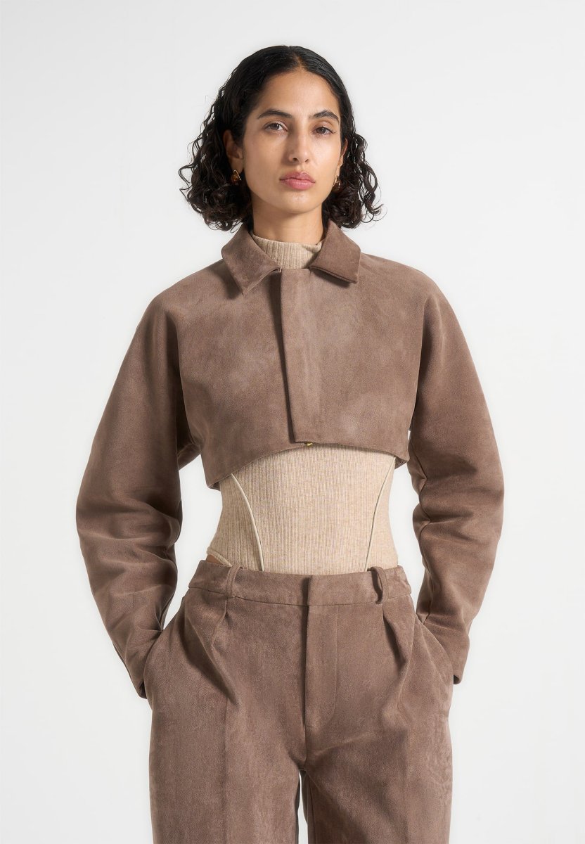 Elya - Suede Super Cropped Jacket - Taupe - Image 2
