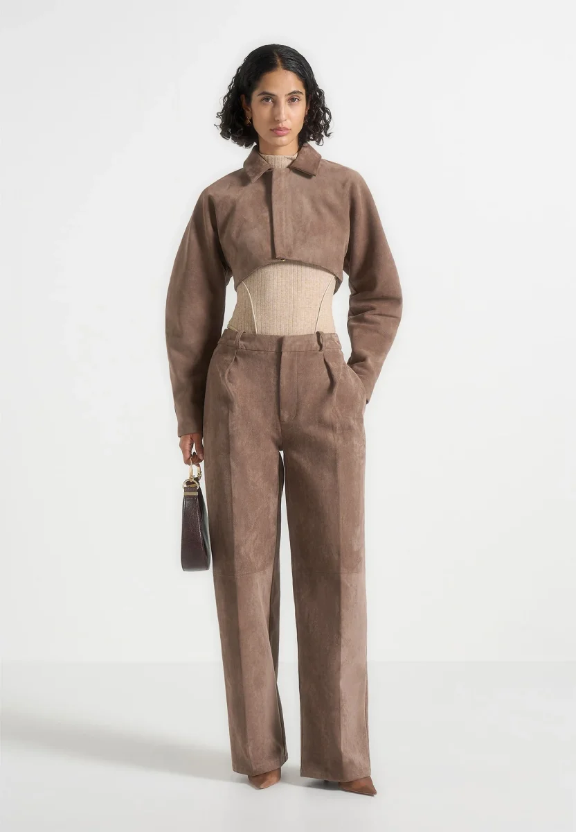 Elya - Suede Super Cropped Jacket - Taupe - Image 3