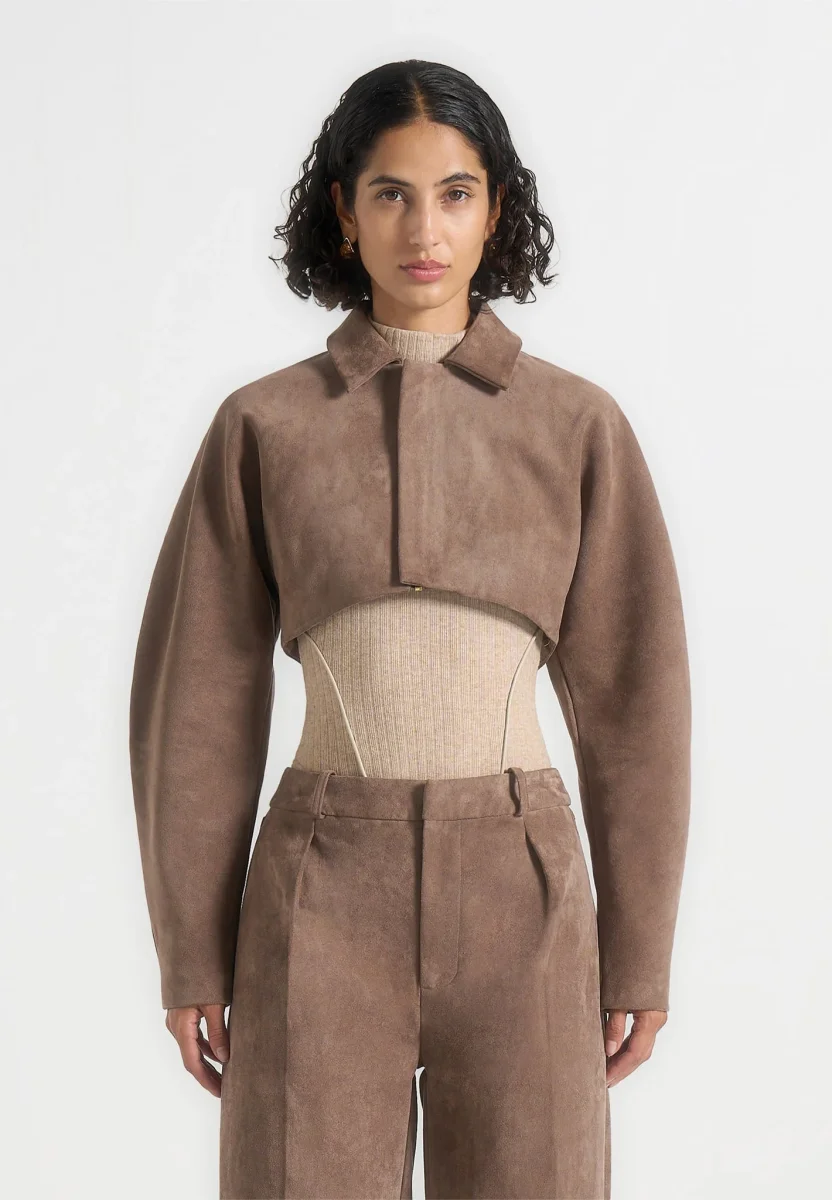 Elya - Suede Super Cropped Jacket - Taupe - Image 4