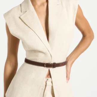 Linda - Linen Wide Shoulder Cinched Waistcoat - Natural