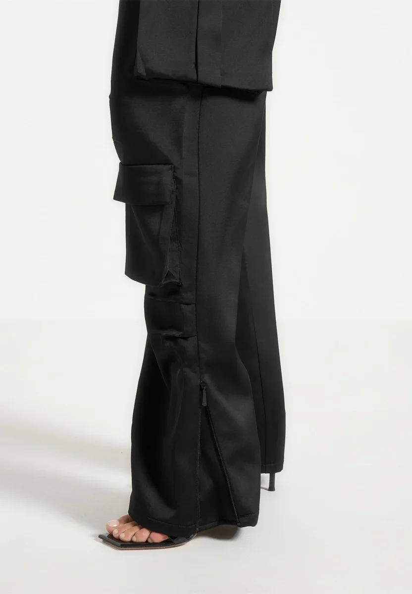 Emilie - Satin High Waisted Cargo Pants - Black - Image 5
