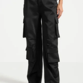 Emilie - Satin High Waisted Cargo Pants - Black
