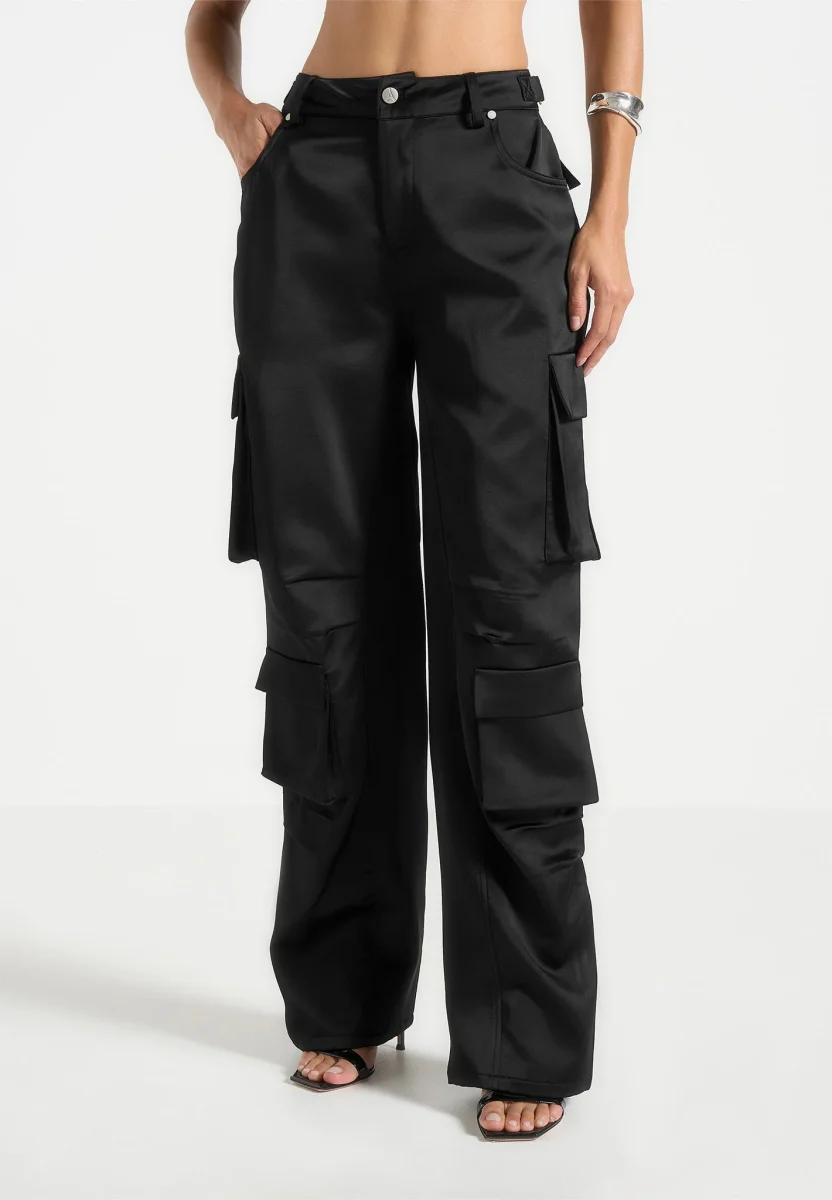 Emilie - Satin High Waisted Cargo Pants - Black - Image 2