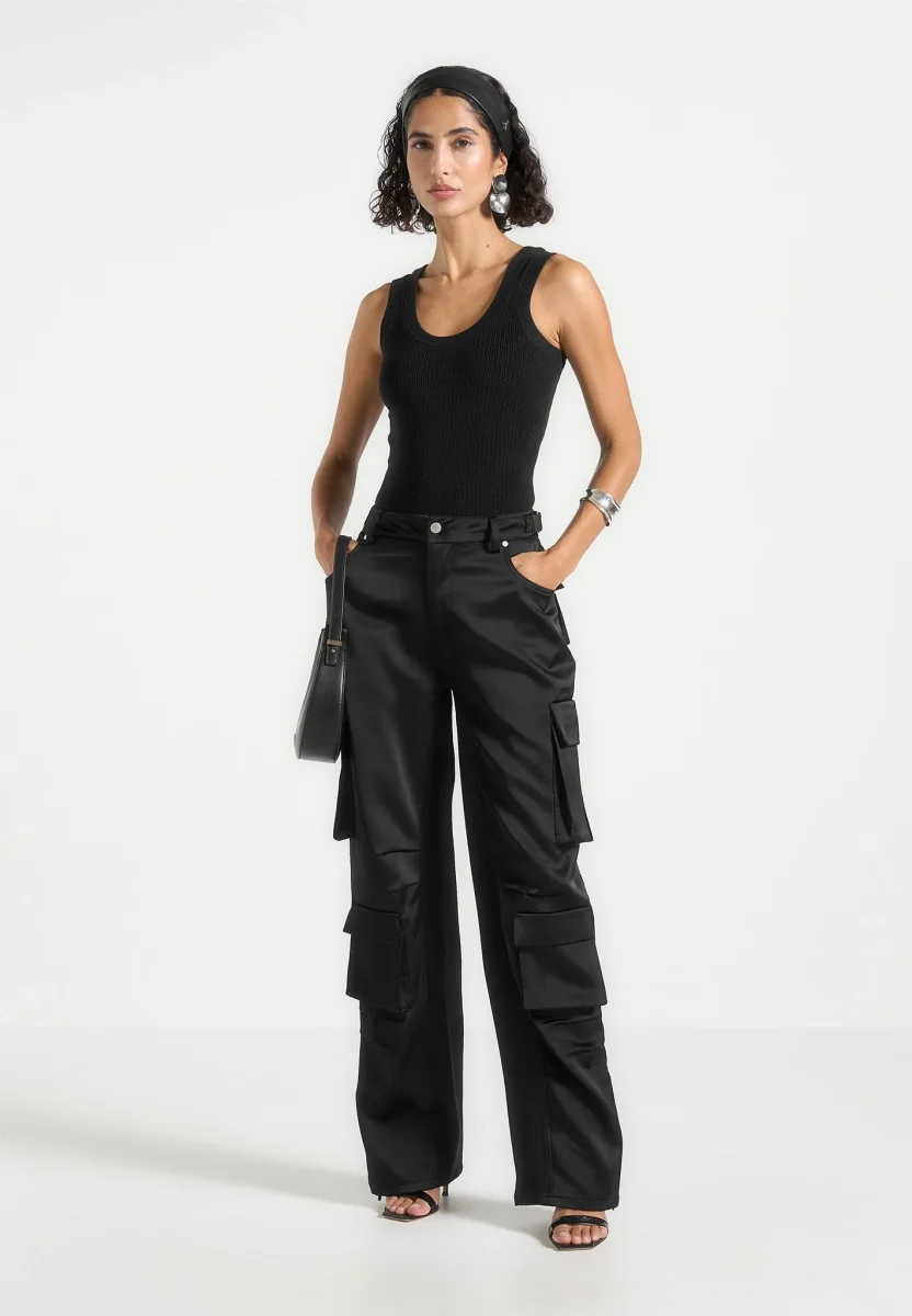Emilie - Satin High Waisted Cargo Pants - Black - Image 3
