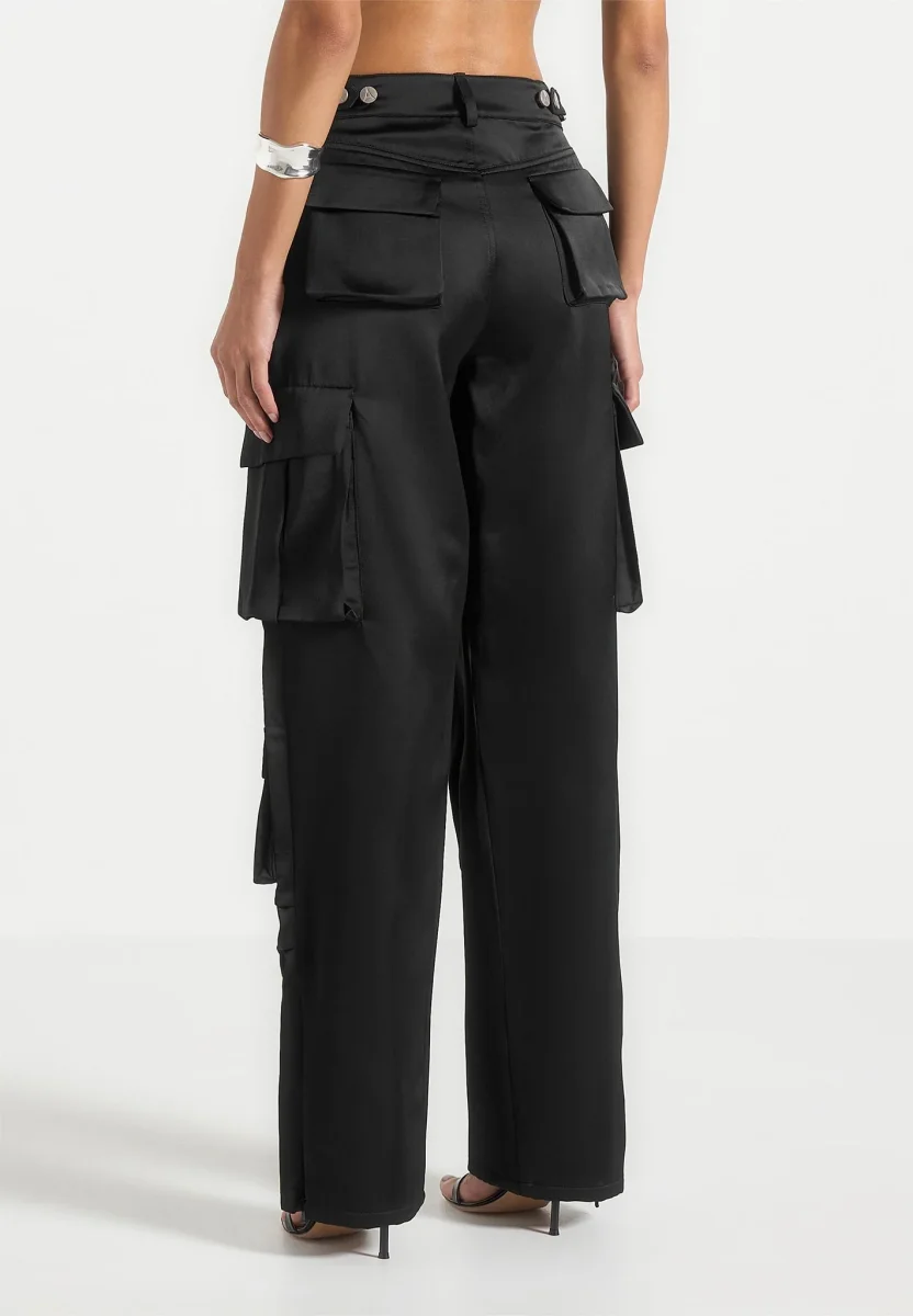 Emilie - Satin High Waisted Cargo Pants - Black - Image 6